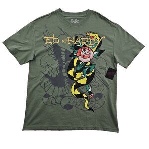 Ed Hardy Tee T-Shirt Men's M Olive Green NWT Snake Roses Short Sleeve Streetart